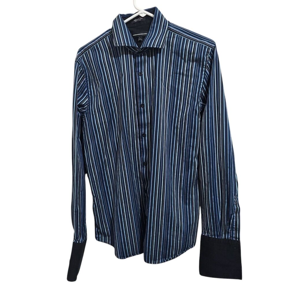 Express Design Studio Long Sleeve Shirt Blue & Black Stripe Men's Size Large